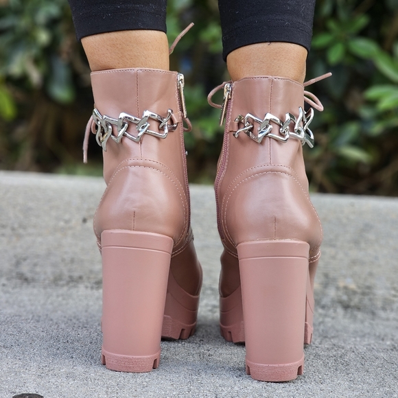 Women's Nude Platform Heel Boots Chunky Ankle Lace Up - Picture 6 of 6